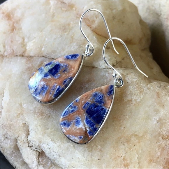 ORANGE SODALITE teardrop 925 sterling earrings - Picture 2 of 7